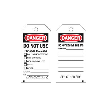 Brady Brady Danger Do Not Use Tag, 2 Sided, 100/Pkg, Cardstock, 3inW x 5-3/4inH 86643